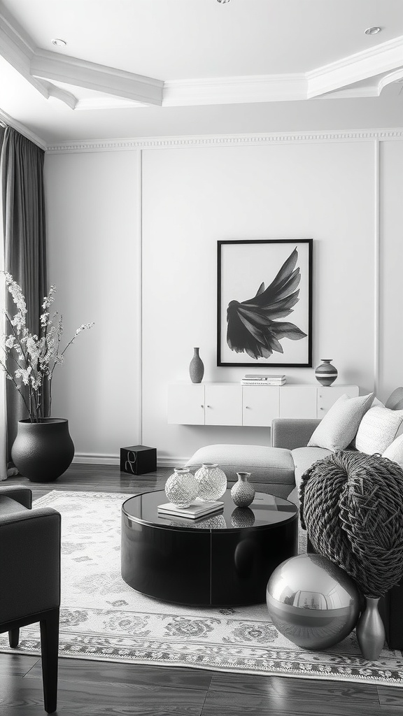 A black, white, and silver living room with subtle silver decor accents