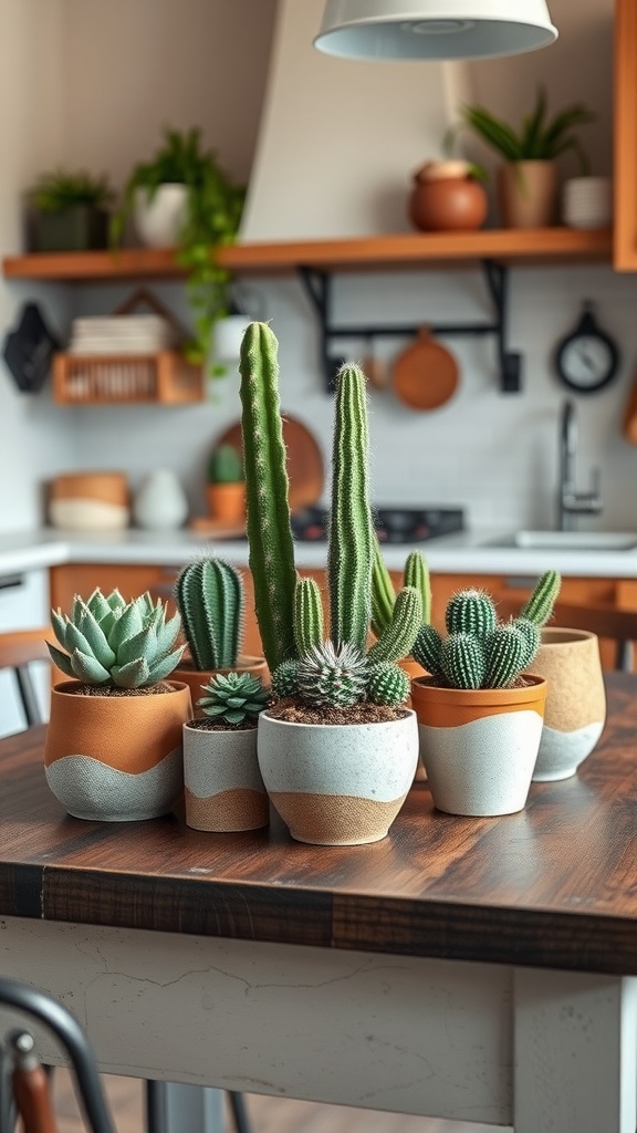 A collection of succulents and cacti in modern pots on a kitchen table