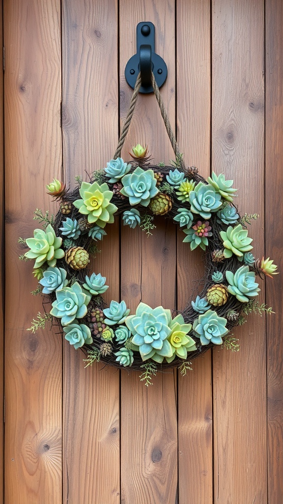 A vibrant succulent charm wreath hanging on a wooden door, featuring various artificial succulents in green, blue, and yellow shades.