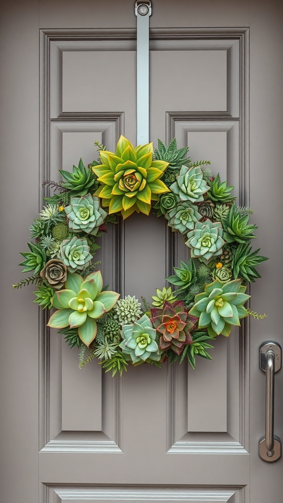 A vibrant succulent wreath displayed on a door, featuring various shades of green and hints of yellow.