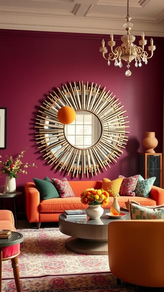 A stylish living room featuring a large sunburst mirror on a purple wall, an orange sofa with colorful cushions, and a coffee table.