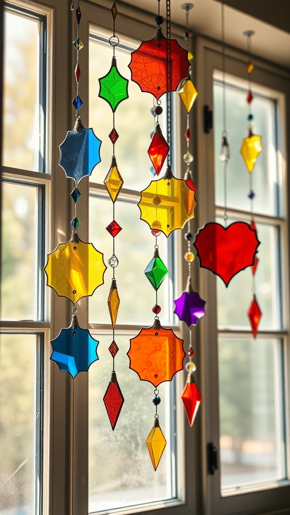 A collection of colorful suncatchers hanging in a window, displaying various shapes like hearts and diamonds.