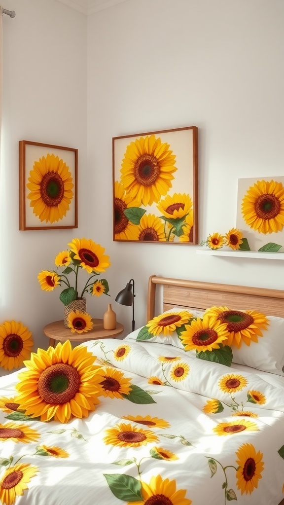 A bright and cheerful yellow bedroom with sunflower decor including bedding and wall art.