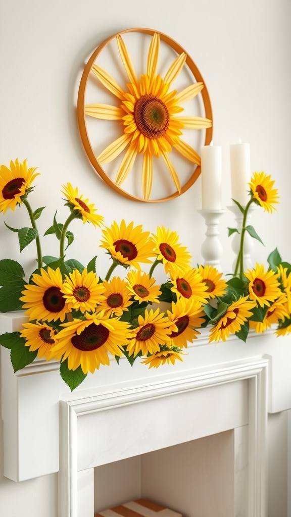 A decorative mantle adorned with a sunflower garland and candles, featuring a wall decoration of a sunflower.