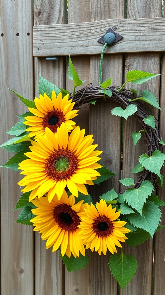 A vibrant sunflower wreath made of artificial sunflowers and green leaves, hanging on a wooden fence.