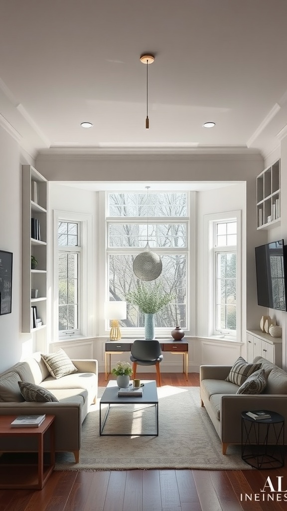 Cozy sunken living room featuring custom built-ins and natural lighting.