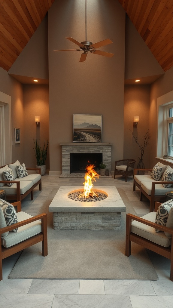 A cozy sunken living room with a central fire pit, featuring comfortable seating and warm lighting.