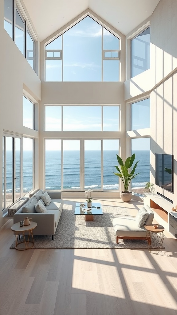 A sunken living room with large windows offering an ocean view, featuring light wood flooring and modern furniture.