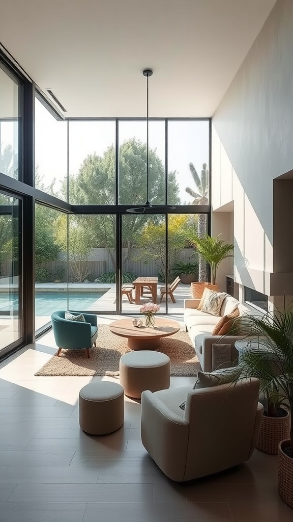 A cozy sunken living room with large glass windows overlooking a pool and garden.