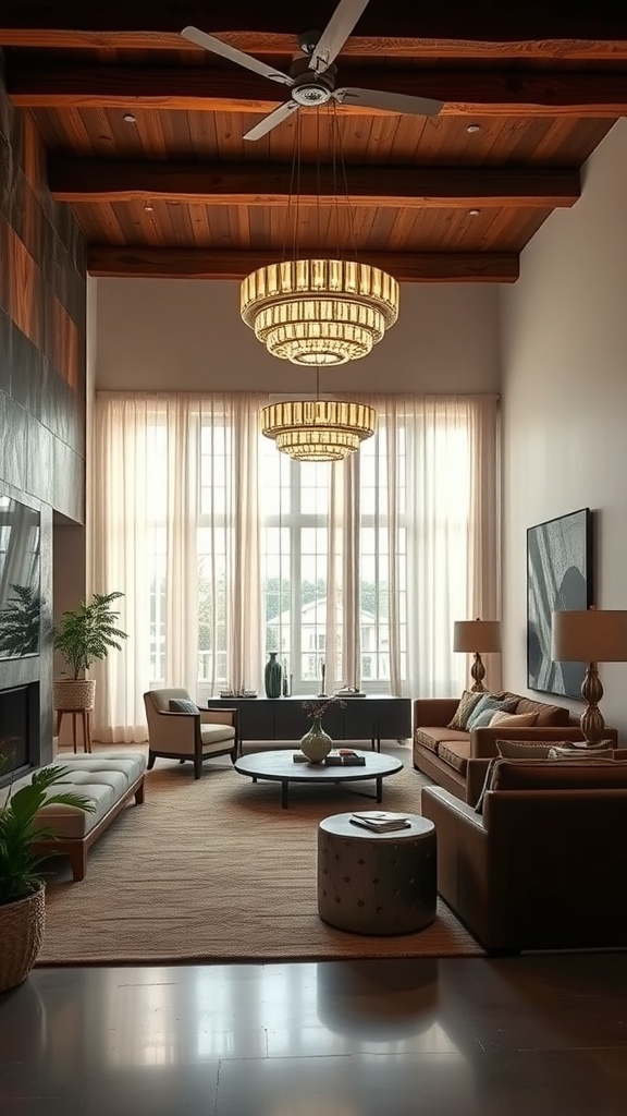 A sunken living room featuring elegant chandeliers, wooden beams, and stylish furniture.