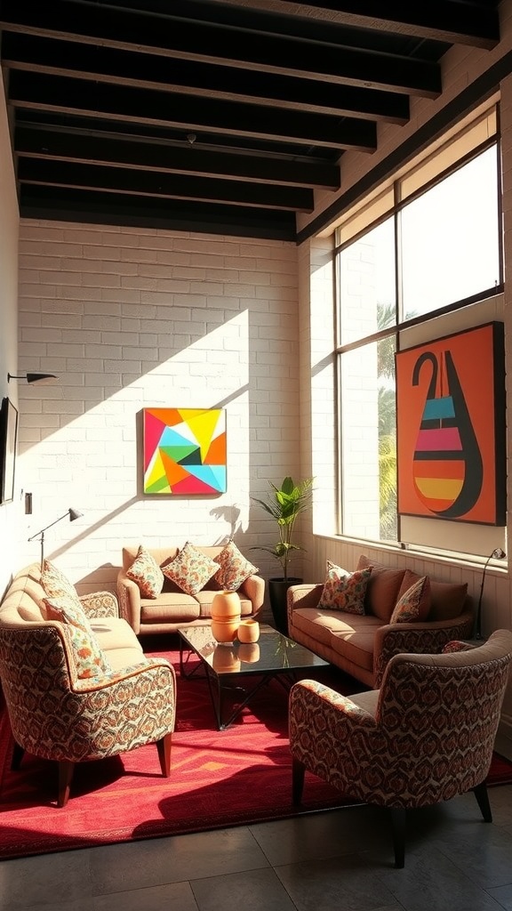 Sunken lounge featuring bold patterned furniture, geometric artwork on the walls, and a cozy vibe.