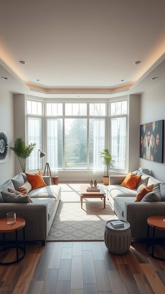 Cozy sunken living room with two sectional sofas and natural light