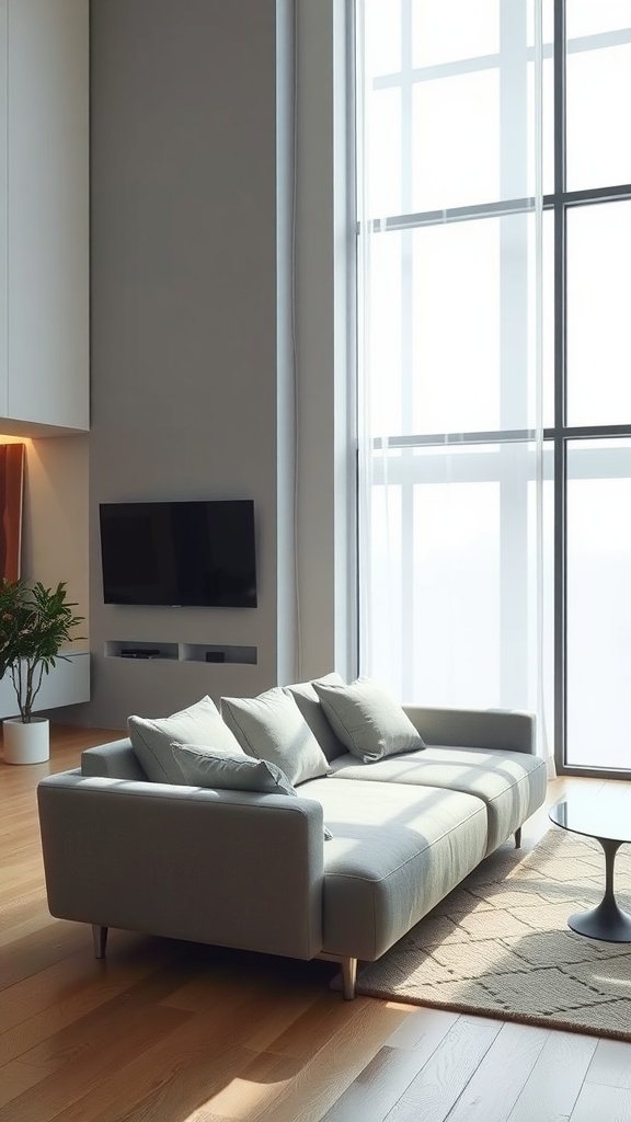 A modern sunken sofa in a stylish living room with large windows and minimal decor