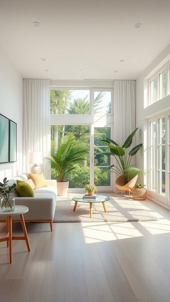 Bright and airy living room with large windows, plants, and light wood flooring