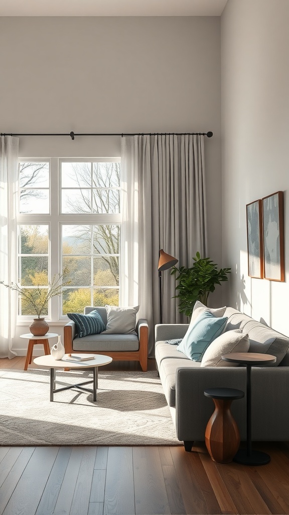 A sunlit gray living room featuring large windows, modern furniture, and cozy decor elements.