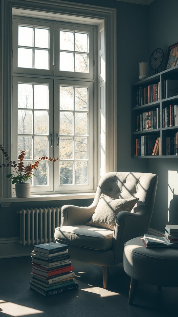 A cozy reading nook with a comfortable chair, a stack of books, and sunlight streaming through the window.