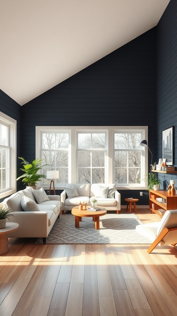 A cozy living room with black shiplap walls, large windows letting in sunlight, light-colored furniture, and wooden flooring.