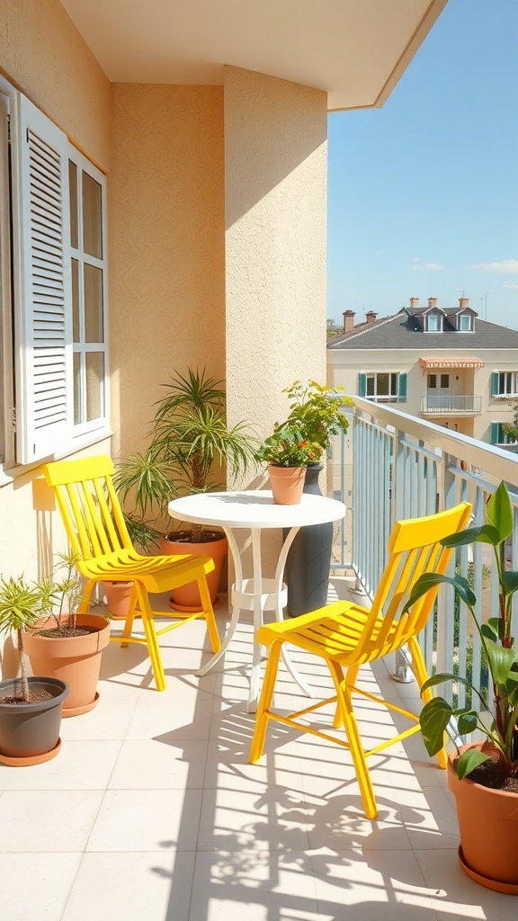 A sunny balcony with yellow chairs and a round table surrounded by potted plants.