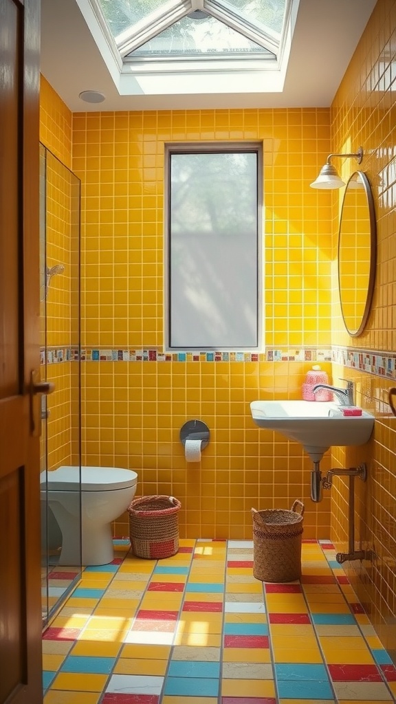 A bright yellow tiled bathroom with colorful mosaic accents and a skylight.