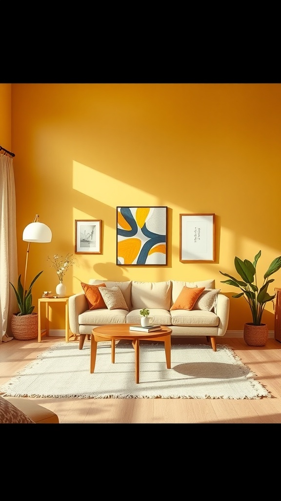 Living room with mustard yellow walls, beige couch, and green plants