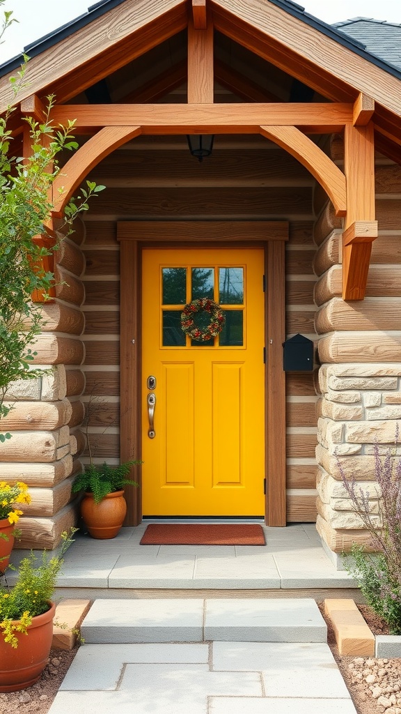 A sunny mustard yellow front door with rustic wooden accents, surrounded by potted plants and a stone pathway.