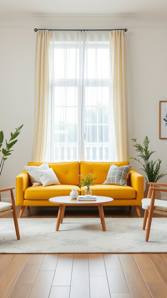 A bright Scandinavian living room featuring a yellow couch, wooden coffee table, and plants.