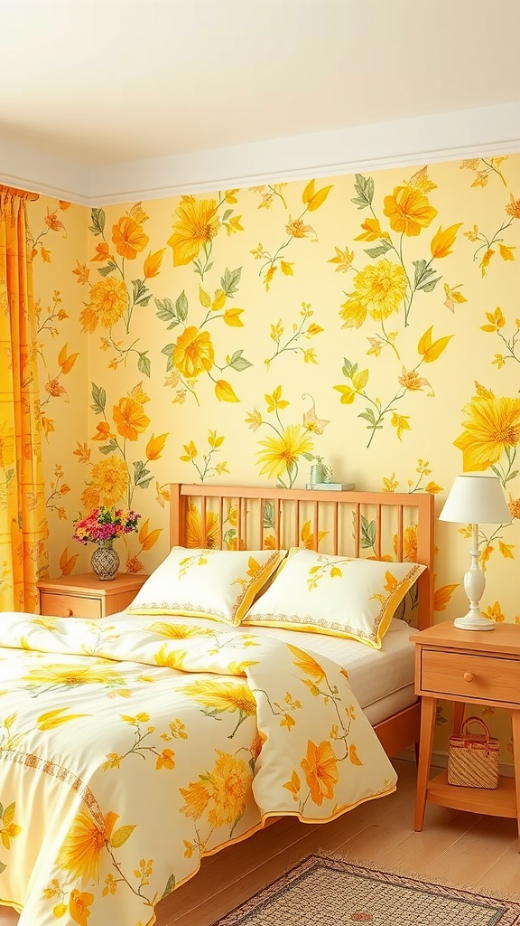 Bright yellow bedroom with floral wallpaper and coordinating bedding.