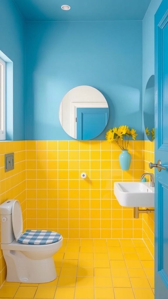 Bright bathroom with yellow tiles and blue walls