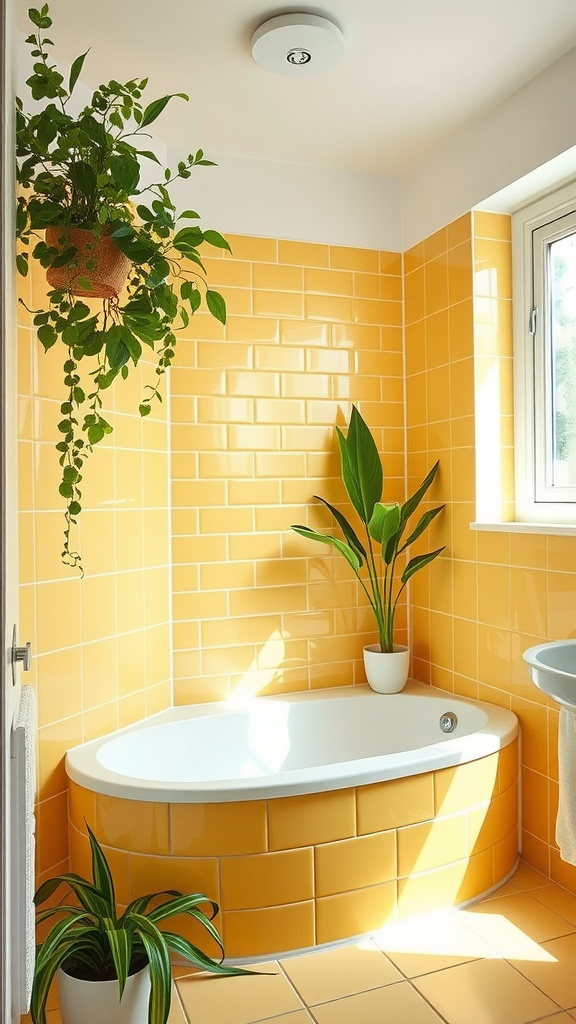 A bright yellow tiled bathroom featuring a curved bathtub, lush green plants, and natural light from a window.