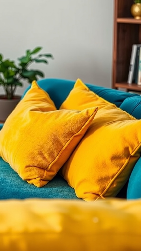 A cozy blue couch adorned with bright yellow throw pillows.