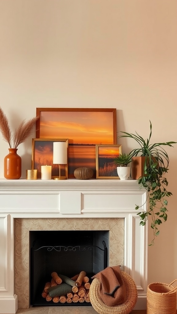 A mantel decorated with sunset-inspired colors, including terracotta vases, framed sunset art, and greenery.