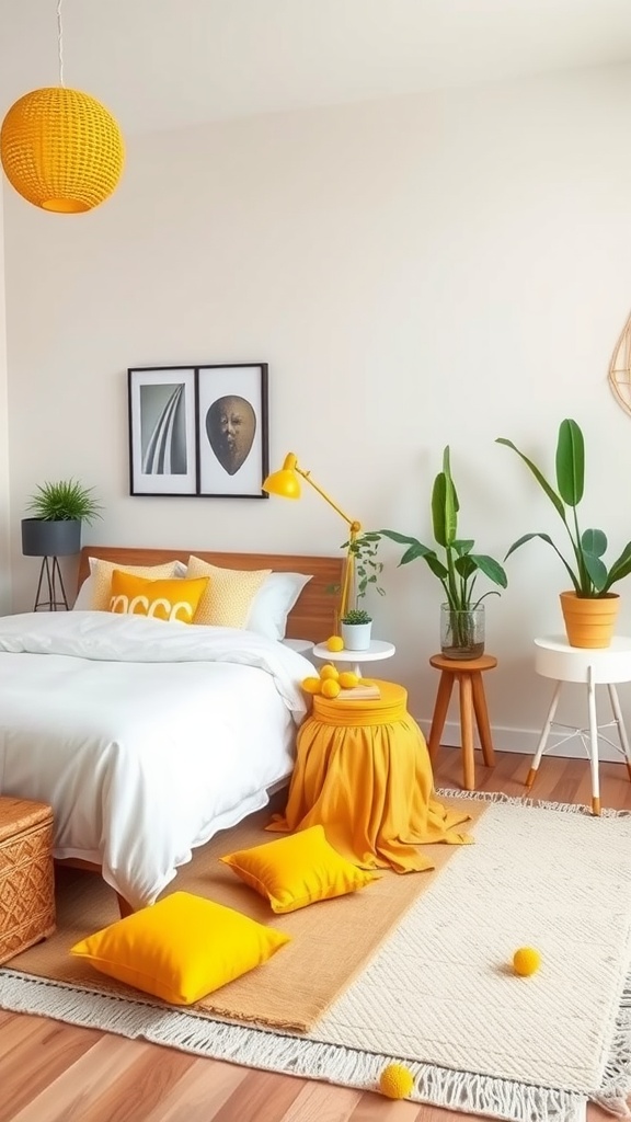 A bright and cozy bedroom featuring sunset yellow accent decor, including pillows, plants, and a lamp.