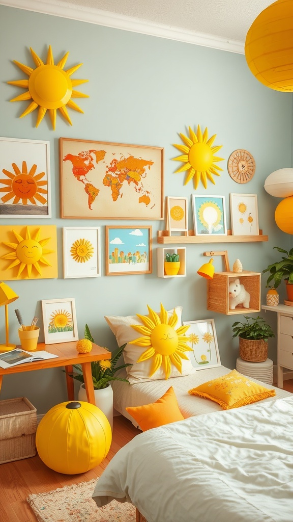 A bright yellow-themed bedroom with sun-shaped decor and cheerful accessories.