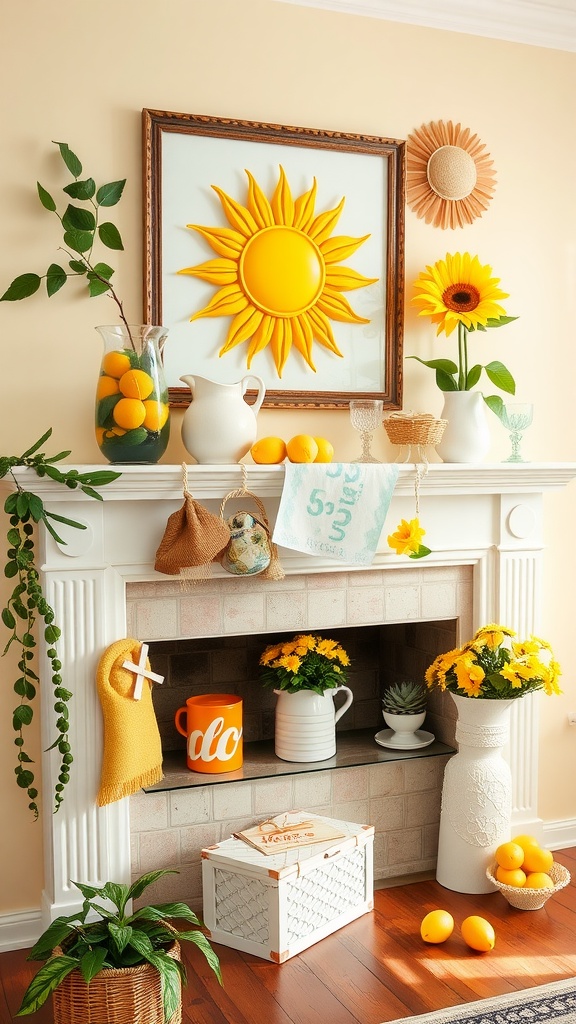 A bright and cheerful mantel decorated with a sun motif, sunflowers, lemons, and colorful accents.