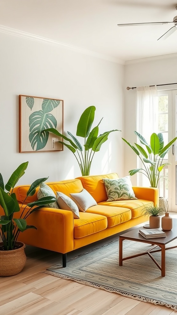 A sunny living room with a mustard yellow sofa, tropical plants, and a cozy atmosphere.