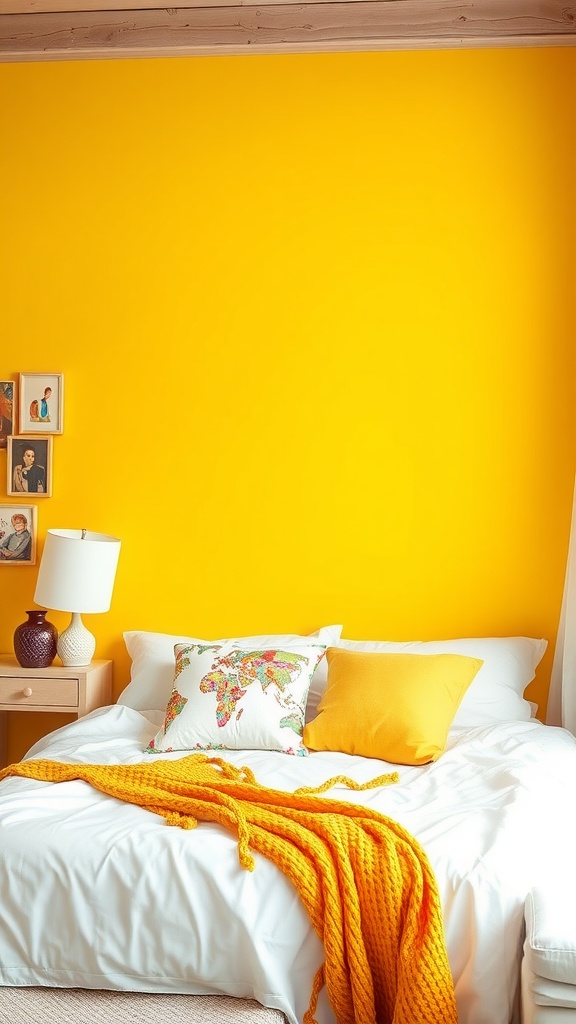 A bright yellow accent wall in a bedroom with white bedding and colorful pillows.