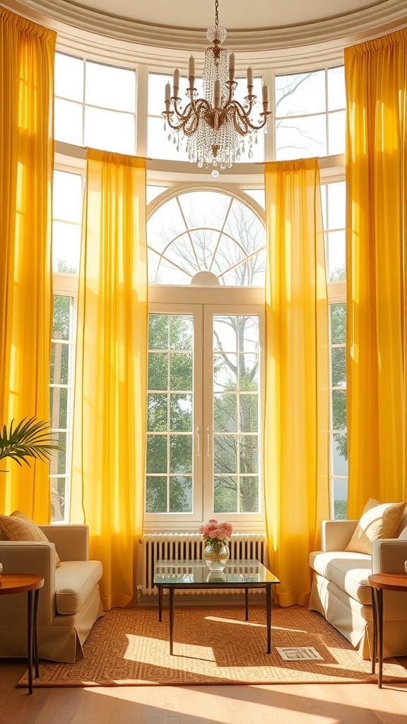 Living room with sunshine yellow curtains, a chandelier, light gray sofas, and a glass coffee table.