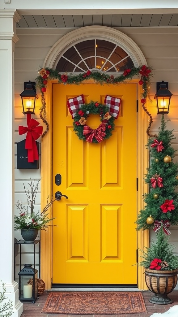 A bright yellow front door decorated for the holidays with a festive wreath, lanterns, and seasonal plants.