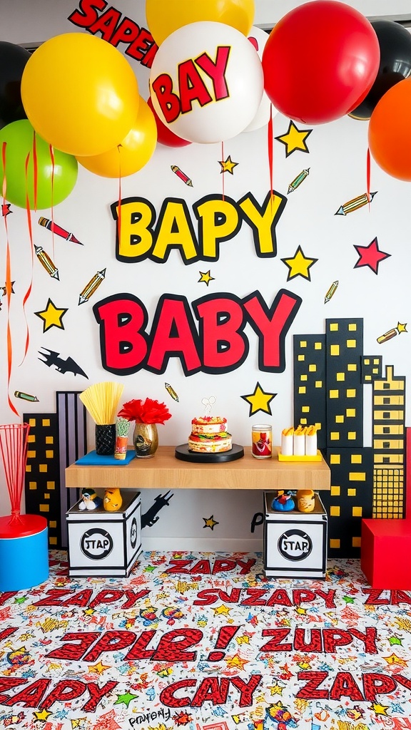 A superhero-themed baby shower setup with colorful balloons, comic-style decorations, and a dessert table.