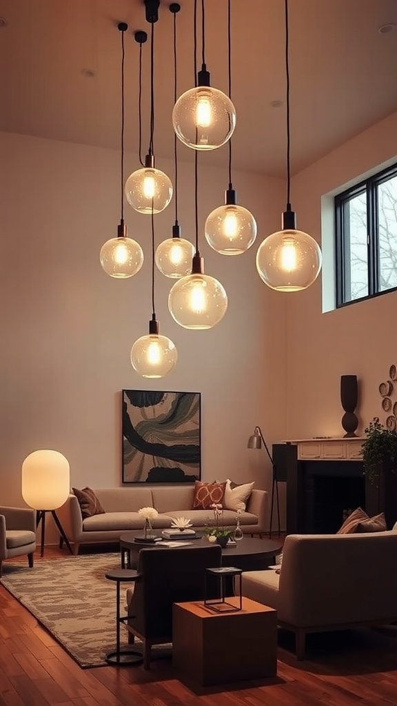 A living room featuring multiple suspended glass globe lights with a cozy arrangement of furniture.