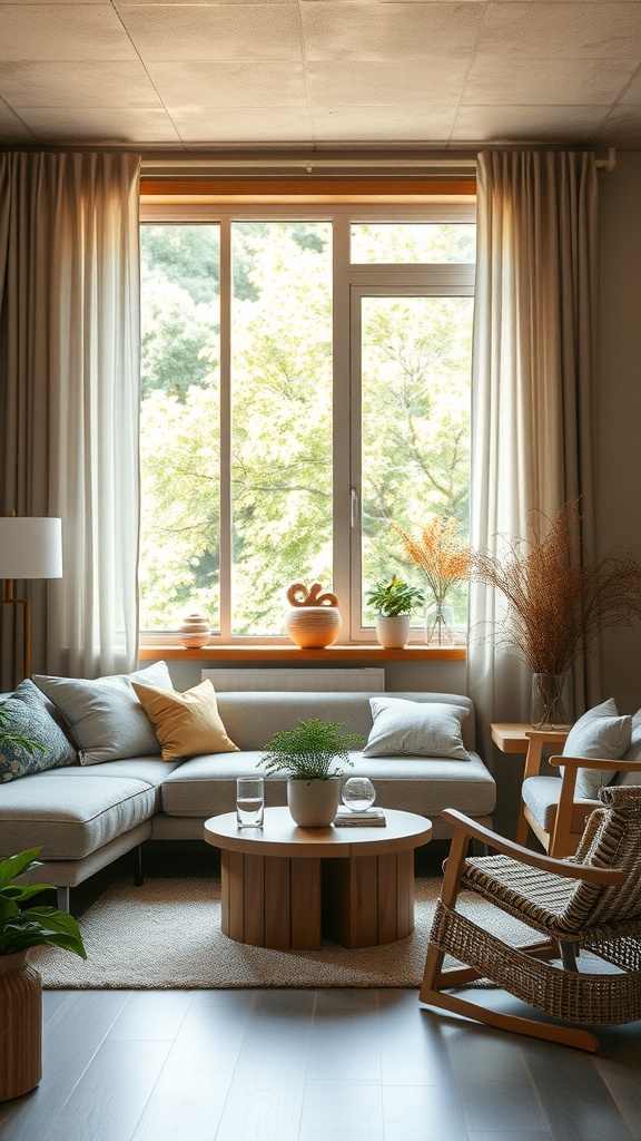 A cozy living room with large windows, soft furniture, and plants, showcasing sustainable design.