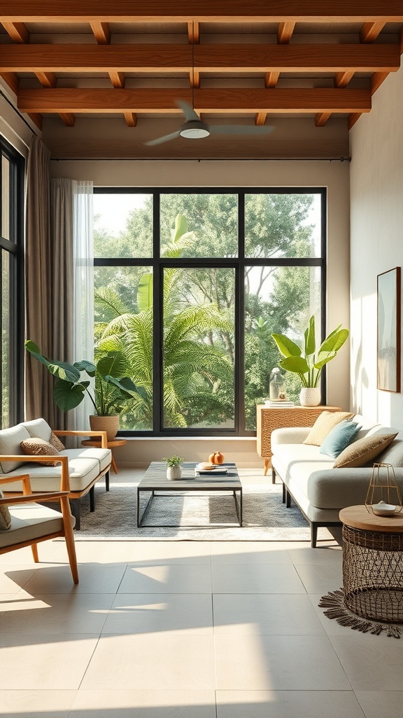 A minimalist bohemian living room with wooden beams and large windows overlooking greenery.