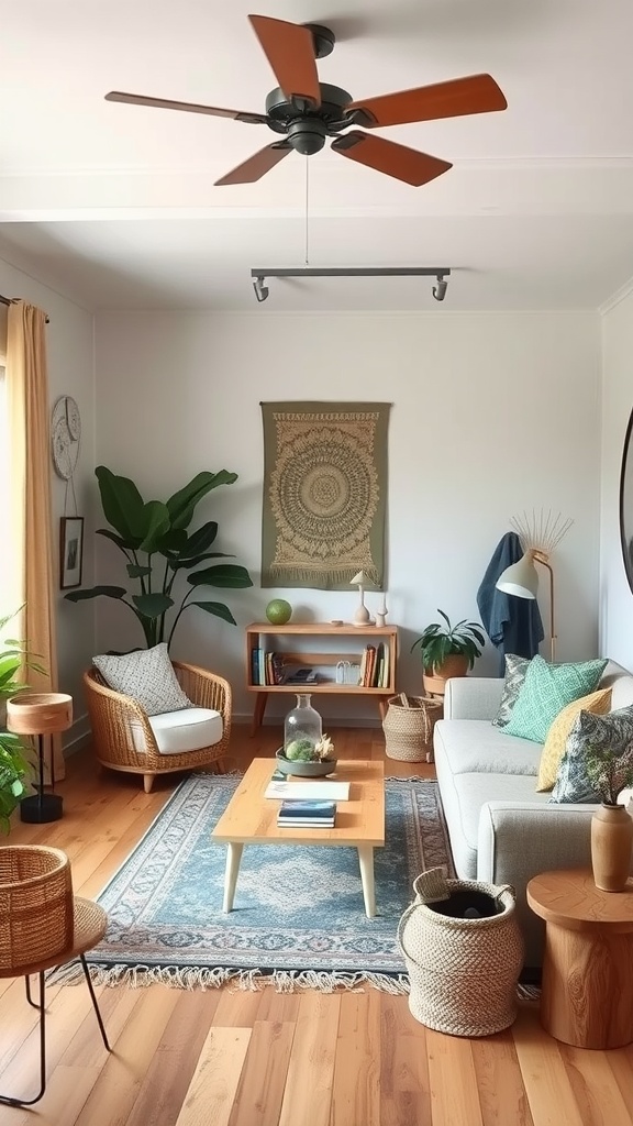 A boho-style living room featuring sustainable and upcycled decor with natural materials and greenery.