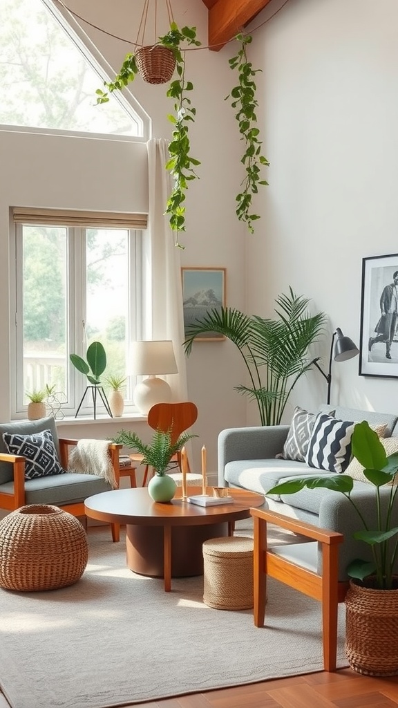 A cozy sustainable living room featuring plants, wooden furniture, and natural textiles.