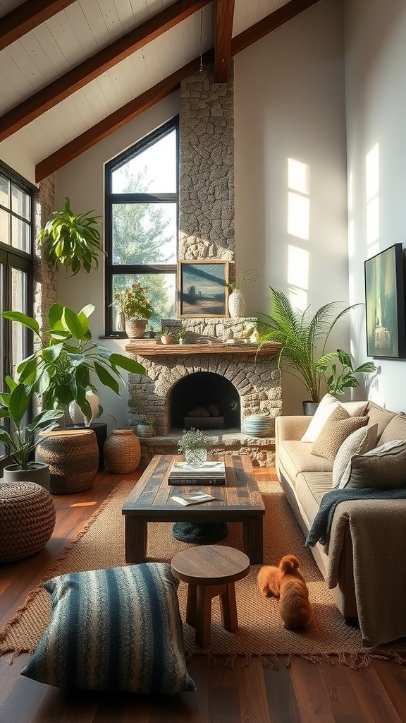 A modern rustic living room with a stone fireplace, wooden furniture, and lush green plants.