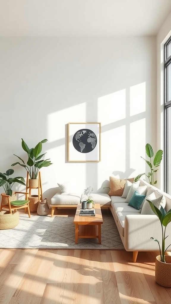 A bright and airy modern living room with natural light, plants, and sustainable furniture.