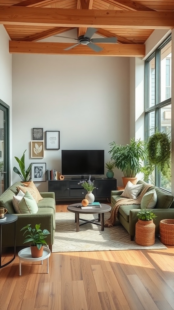 A sustainable eco-friendly living room with green couches, wooden beams, and lots of plants.