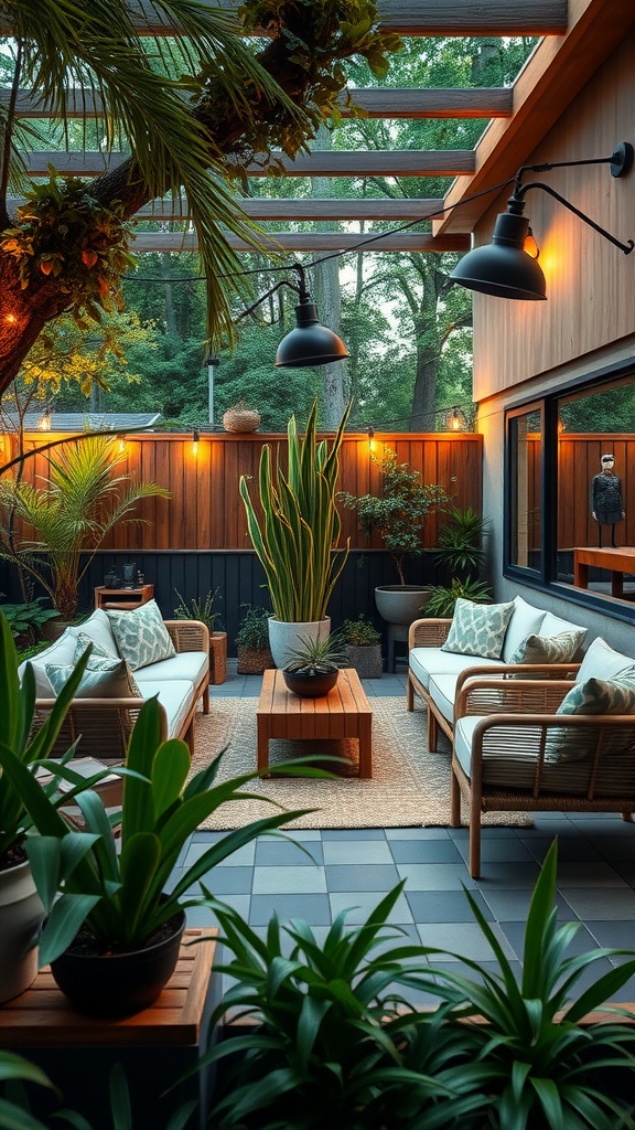 Cozy outdoor living room with natural materials, greenery, and energy-efficient lighting.