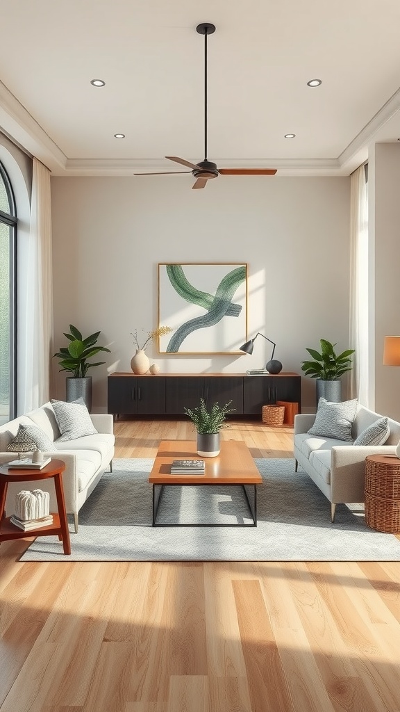 A sustainable formal living room featuring wooden furniture, plants, and natural light.