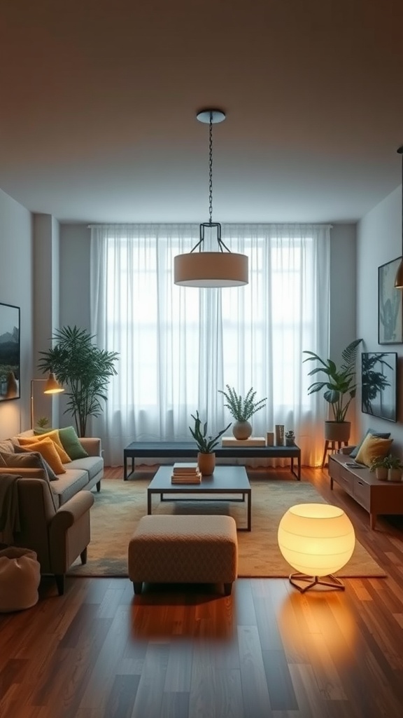 A cozy living room showcasing sustainable lighting options with a stylish ceiling light and floor lamp, plants, and warm colors.